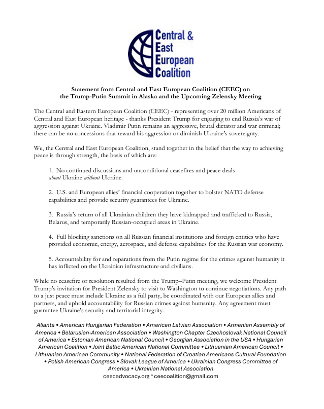 JBANCchatter's tweet photo. CEEC statement on the Alaska Summit and the upcoming Zelensky Meeting. There can be no concessions to reward putin or diminish Ukraine’s sovereignty.  No continued discussions and unconditional ceasefires and peace deals  about Ukraine without Ukraine. https://t.co/8By3KXTYK8