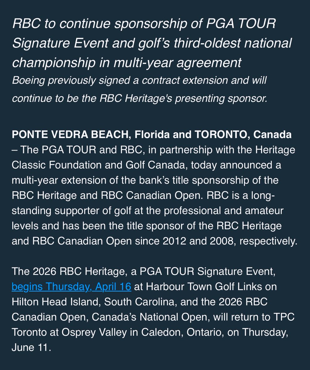 Scott Hamilton (@scotthamiltonpc) on Twitter photo From Hilton Head: RBC signs multi-year extension to continue as title sponsor for <a href="/RBC_Heritage/">RBC Heritage</a> as well as the Canadian Open … From Hilton Head: RBC signs multi-year extension to continue as title sponsor for <a href="/RBC_Heritage/">RBC Heritage</a> as well as the Canadian Open …