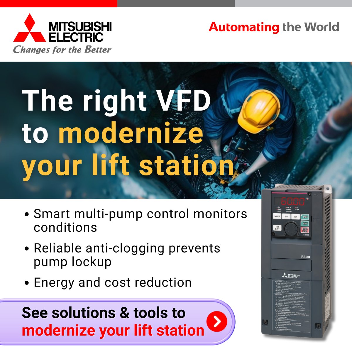 Smart pump control, anti-clogging reliability, and energy savings—Mitsubishi Electric VFDs are engineered for efficiency. 🔗 Visit our website to see solutions for lift station modernization. okt.to/zqeySW