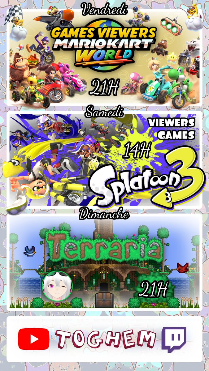 Planning du 18 au 24 août !!
Coucou mes Boules de Poils, j'espère que vous allez bien :3
Voici le programme de la semaine !!
Il est léger mais de qualité, j'espère qu'il vous plaira !!
Bonne journée à tous !!

#Splatoon3 #MarioKartWorld #Terraria #Nintendo #NintendoSwitch