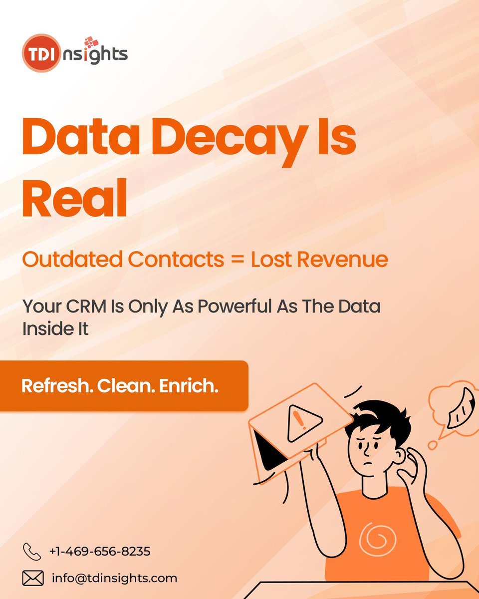 TD_Insights's tweet image. 30% of CRM data decays every year.

Outdated emails = lost pipeline.

Clean. Verify. Enrich.

With TDInsights 👉 tdinsights.com

#CRMData #DataDecay #CleanCRM #LeadGen #B2BMarketing #DataQuality