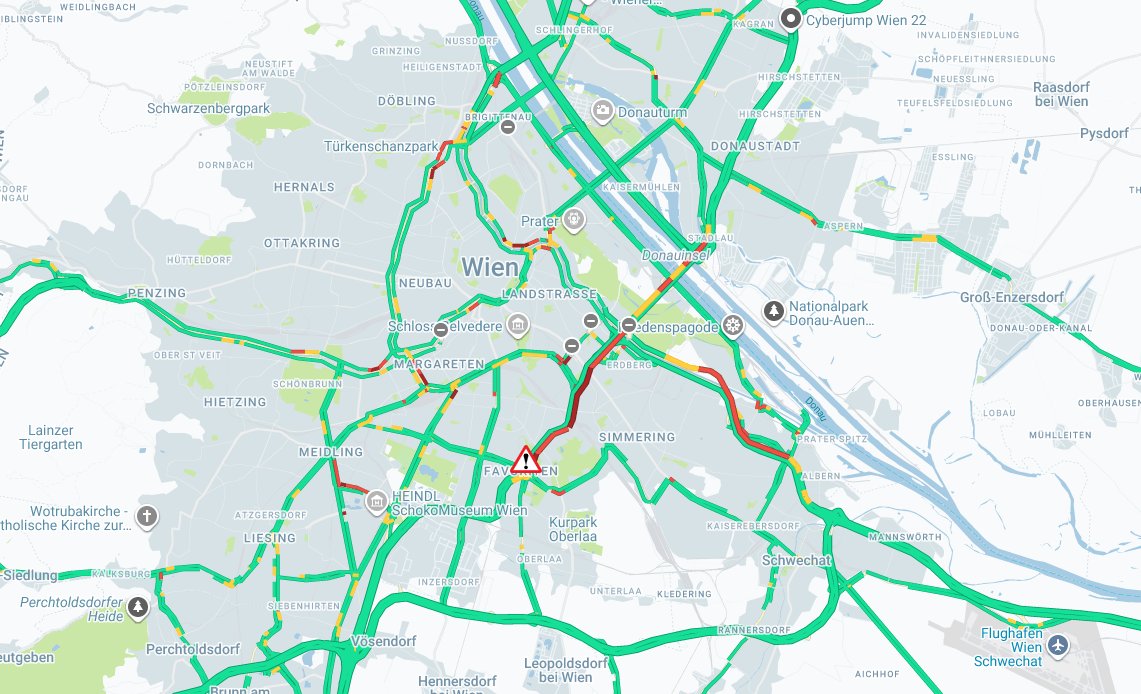 A23, Südosttangente, Richtung Hirschstetten, zwischen Verteilerkreis Favoriten und Handelskai, abschnittweise Stau und bis zu 20 min Zeitverlust (Überlastung) #verkehr #Oesterreich #Wien #Vienna