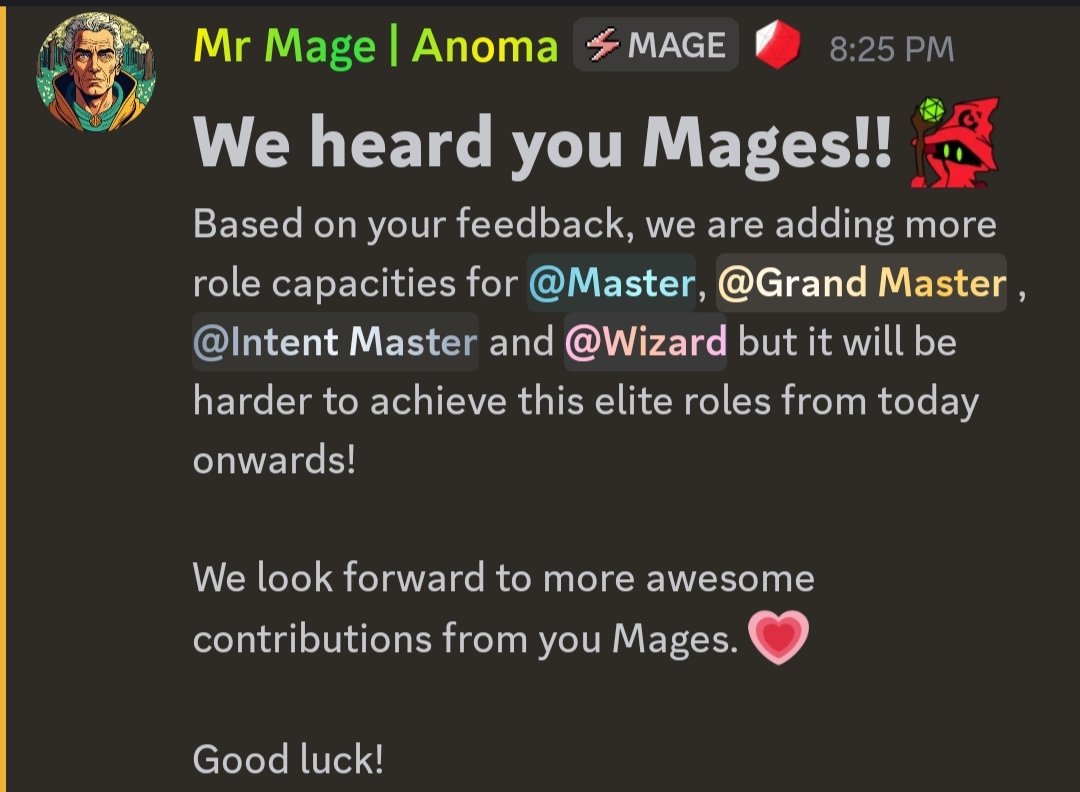 anoma_pakistan's tweet photo. 📢 Great News for all Mages! 📢

You spoke, and we listened! Based on your incredible feedback, we're thrilled to announce increased capacity for our prestigious roles.

🌧️ Master Role 
🎁 Grand Master Role 
🎉 Intent Master Role 
🏆 Wizard Role https://t.co/Gd4i9LjNwQ
