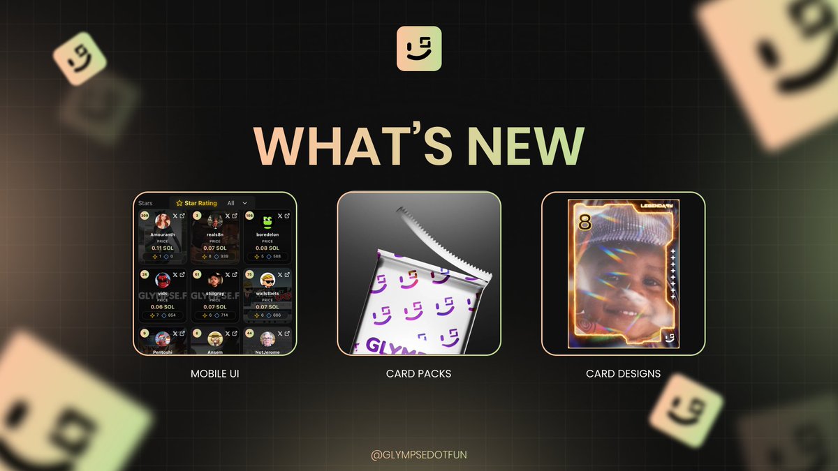 glympsedotfun's tweet photo. What's NEW on Glympse?

◆ Sleeker mobile experience

◆ Fresh card pack minting animations

◆ Updated Creator Card designs

◆ Streamlined minting flow - faster, simpler, easier

Try it out and share your feedback with us.