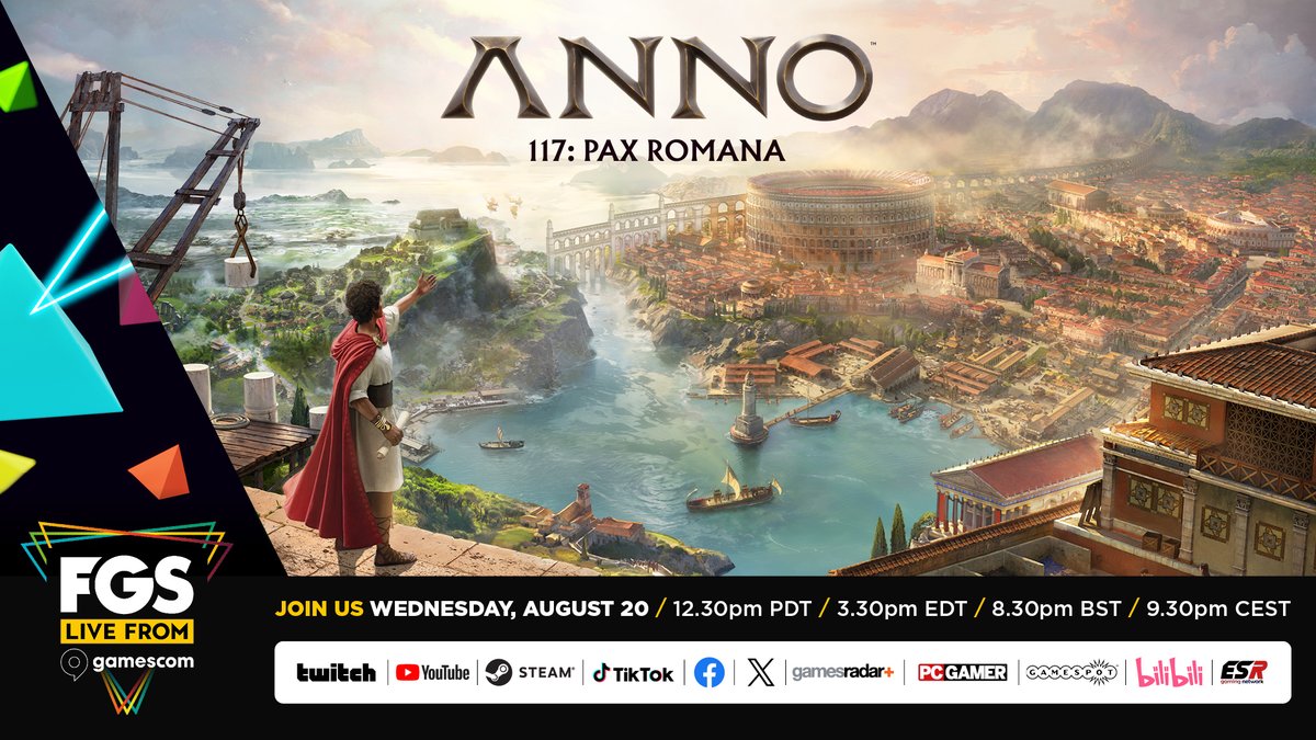 Ave, gubernatorze!
Chcesz dowiedzieć się więcej o Anno 117: Pax Romana? 
Oglądaj transmisję na żywo z Future Games Show i dowiedz się, co przygotowaliśmy specjalnie dla Ciebie. 
ŚRODA, 20 SIERPNIA O 21:30
Nie możesz tego przegapić! 👀
