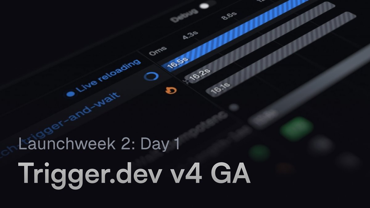 Launchweek 2 → Day 1

We're excited to announce that Trigger​.dev v4 is officially out of beta and is now Generally Available!

🔥 Warm starts
💁‍♂️ Human-in-the-loop
🔔 HTTP Callbacks
🎛️ Queue priority
🥯 Bun + Node 22 runtimes
🐳 Self-host with Docker or K8s

↓ And so much