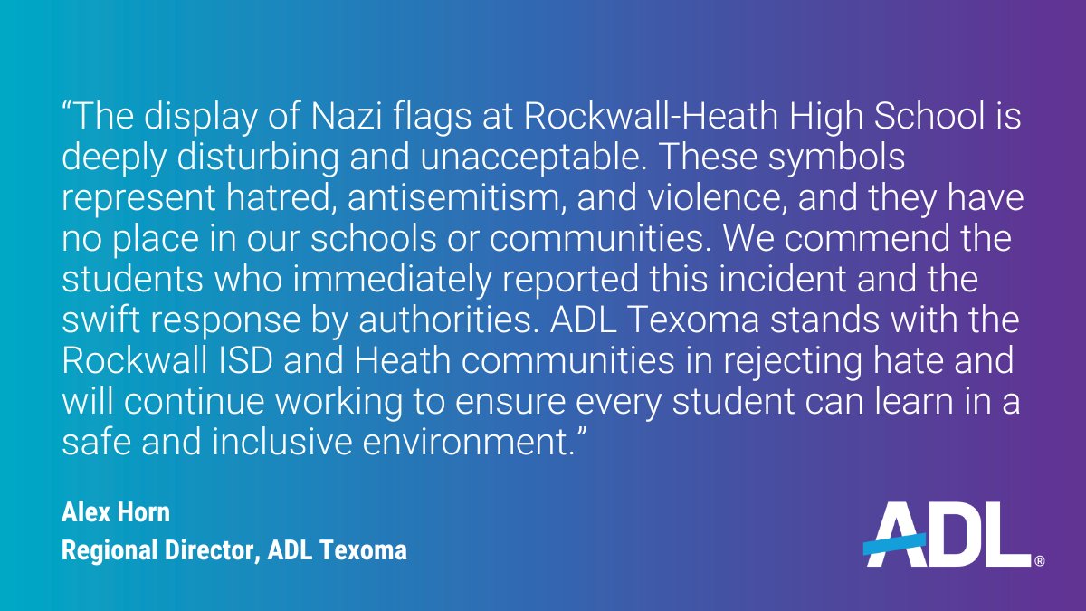 ADL-Texoma (@adl_nto) on Twitter photo ADL Texoma Regional Director Alex Horn comments on antisemitic graffiti discovered at Rockwall-Heath High School this past Saturday. <a href="/RHHSHawks/">Rockwall-Heath HS</a>
Read more about the incident here: rockwallheraldbanner.com/news/local_new… ADL Texoma Regional Director Alex Horn comments on antisemitic graffiti discovered at Rockwall-Heath High School this past Saturday. <a href="/RHHSHawks/">Rockwall-Heath HS</a>
Read more about the incident here: rockwallheraldbanner.com/news/local_new…