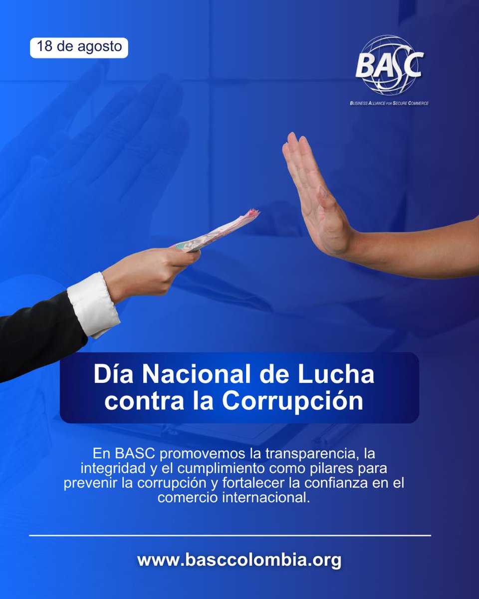 Desde BASC, reafirmamos nuestro compromiso con la transparencia, la ética y la prevención de la corrupción. Un país íntegro lo construimos entre todos.

Día Nacional de Lucha contra la Corrupción🌐