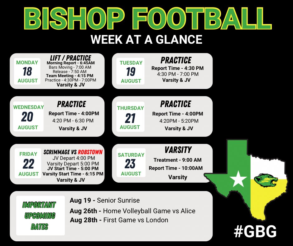 Fall Camp Week 3! We are looking forward to welcoming everyone back at school tomorrow for our first day of school! Let’s have a great week! #GBG #PPP #BeleiveTheHype