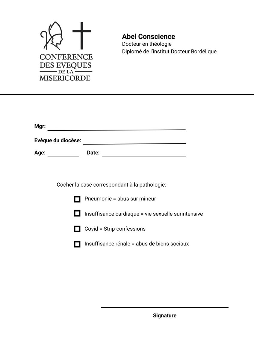 Radio Sacristie bruisse du remplacement prochain, pour raisons de santé, d'un autre évêque que nous aimons beaucoup à Miséricorde. 
Afin de faciliter les démarches, nous avons préparé une ordonnance une prête à l'emploi:
