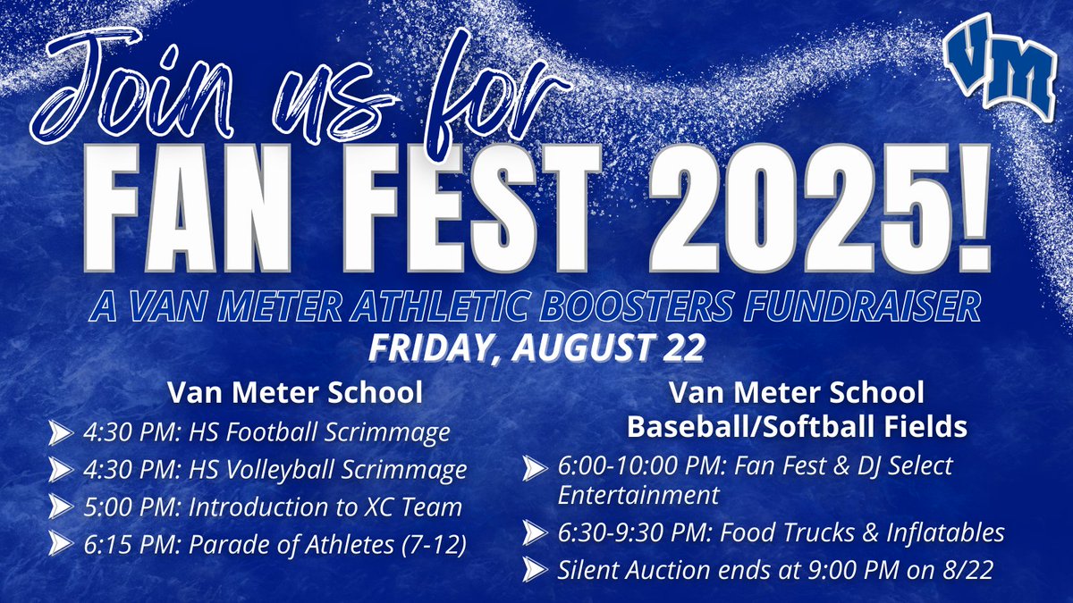 Fan Fest is this Friday, August 22! 🎉

Join us at #VanMeter Schools to support Bulldog Fall Athletics with scrimmages, a parade of athletes, food trucks, music, inflatables &amp; more. Events kick off at 4:30pm, with Fan Fest fun from 6-10pm at the Baseball/Softball Fields.