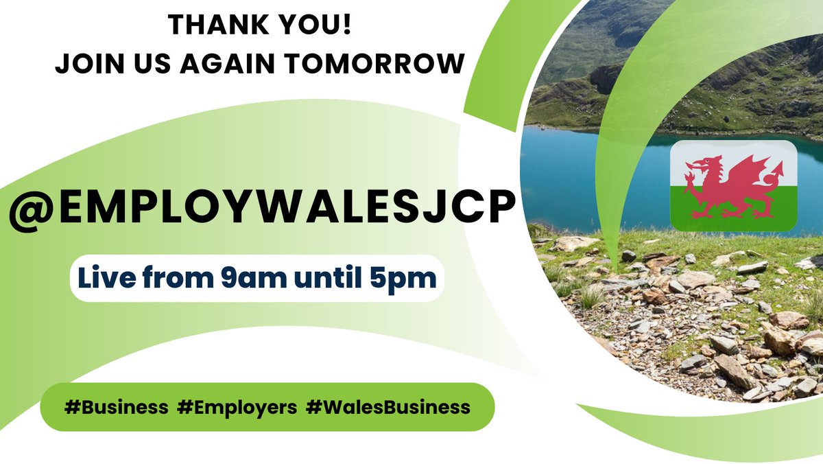 Employ Wales JCP (@employwalesjcp) on Twitter photo Thank you for joining <a href="/EmployWalesJCP/">Employ Wales JCP</a> today. We are back again tomorrow!
If you have vacancies, mention us in your posts or DM us.
#Business #Employers #WalesBusiness Thank you for joining <a href="/EmployWalesJCP/">Employ Wales JCP</a> today. We are back again tomorrow!
If you have vacancies, mention us in your posts or DM us.
#Business #Employers #WalesBusiness