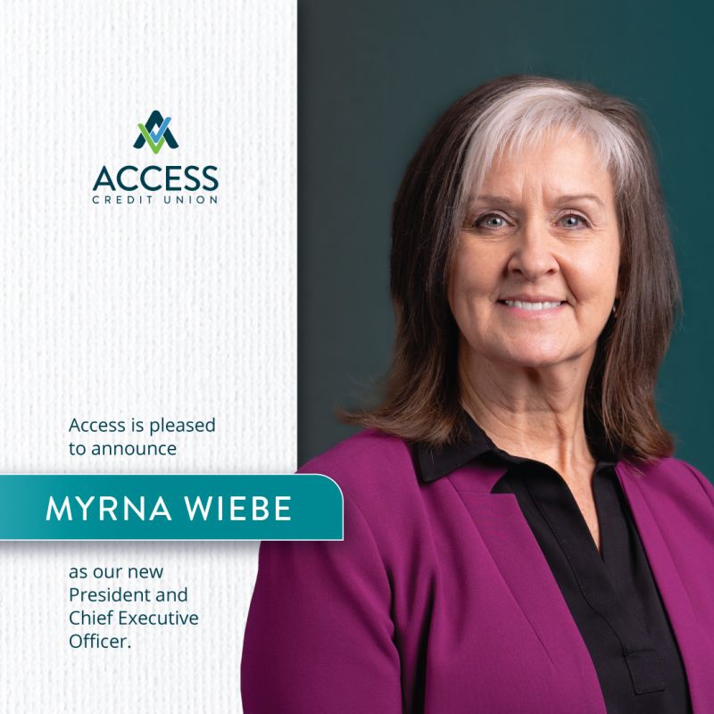 Access Credit Union has named Myrna Wiebe  as its new President and CEO, effective September 2, 2025. 

Read more here: accesscu.ca/en/news/access…

Photo Credit: Access Credit Union