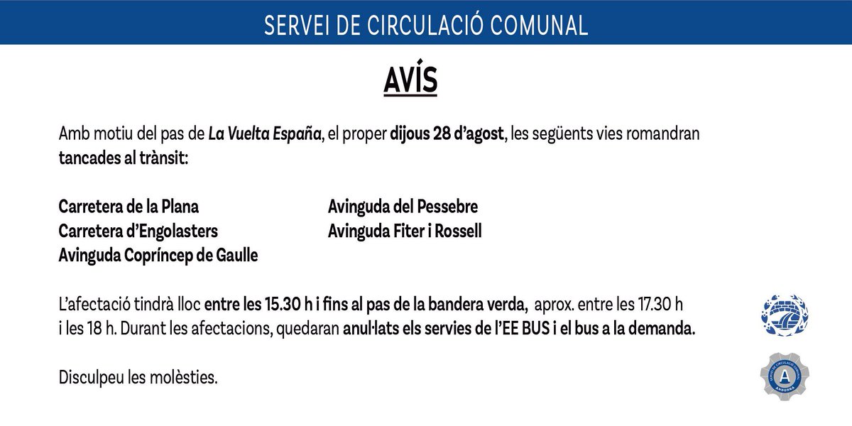 🚴Amb motiu del pas de La Vuelta a España, el 28 d'agost hi haurà talls de trànsit a Escaldes-Engordany de 15.30 h a 18 h (aprox.). 

🚧 Reobertura progressiva després del pas de la bandera verda. Disculpeu les molèsties.

@mobilitat_AND

#EscaldesEngordany #Andorra #LaVuelta2025