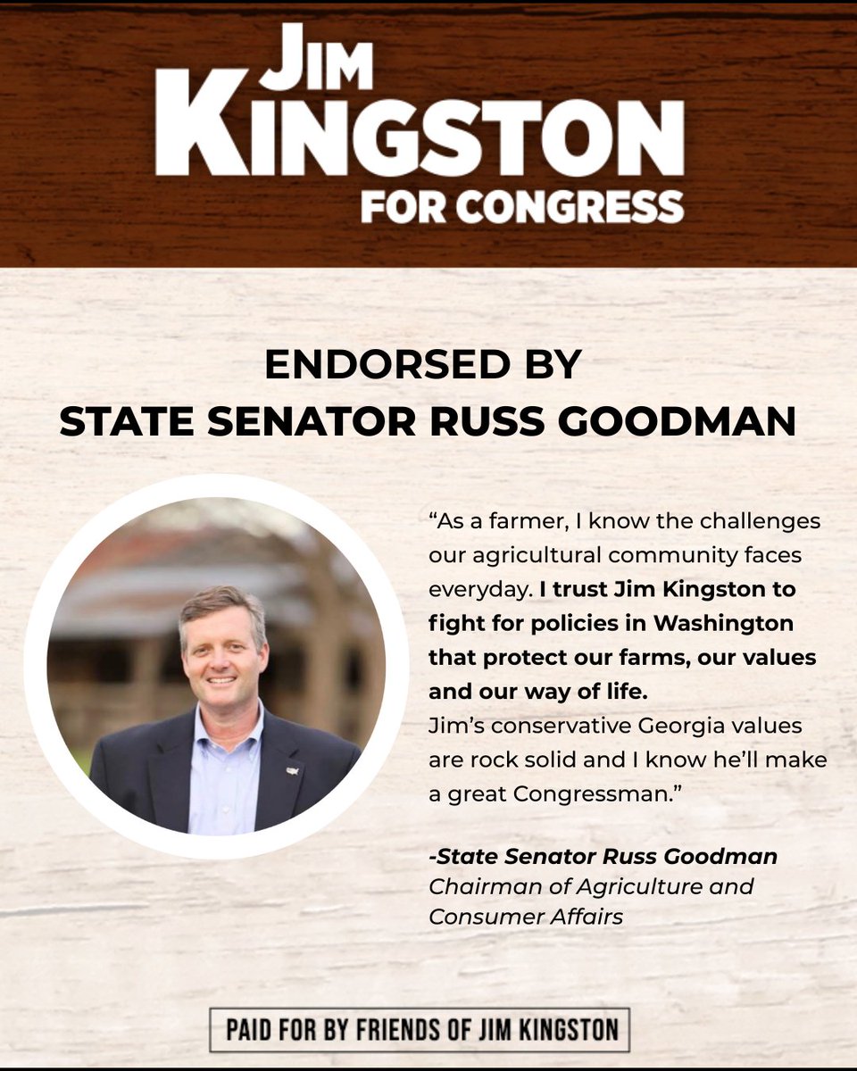 Jim Kingston (@jimkingstonga) on Twitter photo Agriculture is the backbone of our economy & few fight harder for it than Sen Russ Goodman—blueberry farmer & Chair of the Senate Ag Committee. <a href="/RussGoodman8/">Russ Goodman</a> is a proven conservative who knows what it takes to deliver for Southeast GA. I’m honored to have his endorsement. Agriculture is the backbone of our economy & few fight harder for it than Sen Russ Goodman—blueberry farmer & Chair of the Senate Ag Committee. <a href="/RussGoodman8/">Russ Goodman</a> is a proven conservative who knows what it takes to deliver for Southeast GA. I’m honored to have his endorsement.