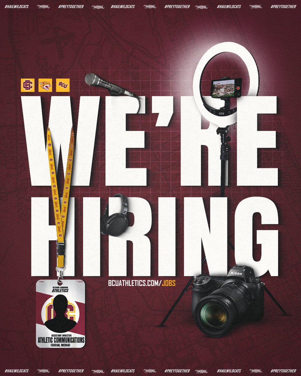 WE'RE HIRING! 😼

<a href="/BCUAthletics/">Bethune-Cookman Athletics</a> is looking for an Asst. Director of Athletic Comms specializing primarily in Social Media!

If you've got a background in:
- Content Creation
- Graphic Design
- Videography
- Working with students 

Come join our team!

🔗 BCUAthletics.com/jobs