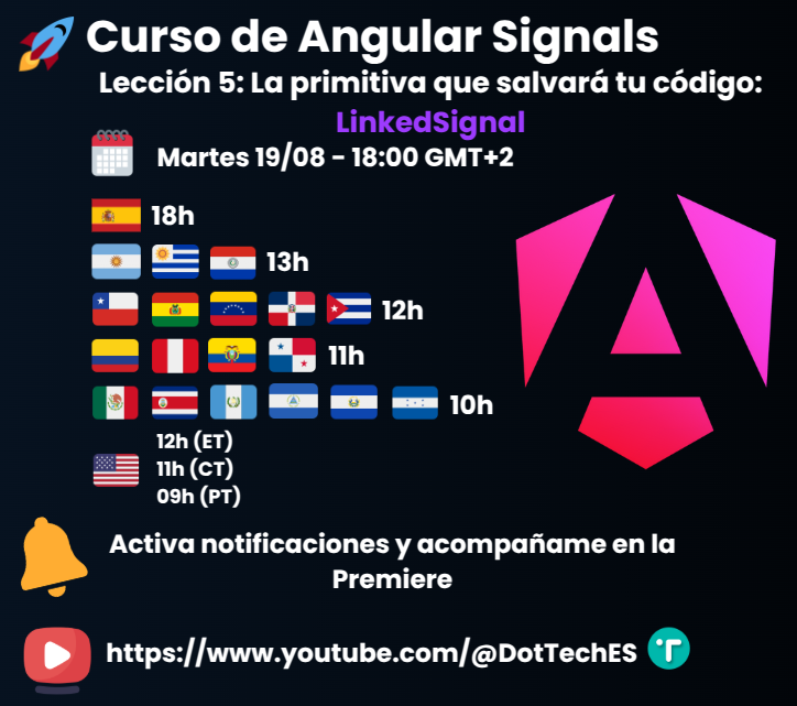 DotTechES's tweet image. ⚙️ ¿Listo para combinar múltiples señales en una sola interfaz?
📅 Mañana publicamos Lección 5: linkedSignal()
🔗 f.mtr.cool/uzzmnkyjsh

#Angular #WebDev #Reactividad