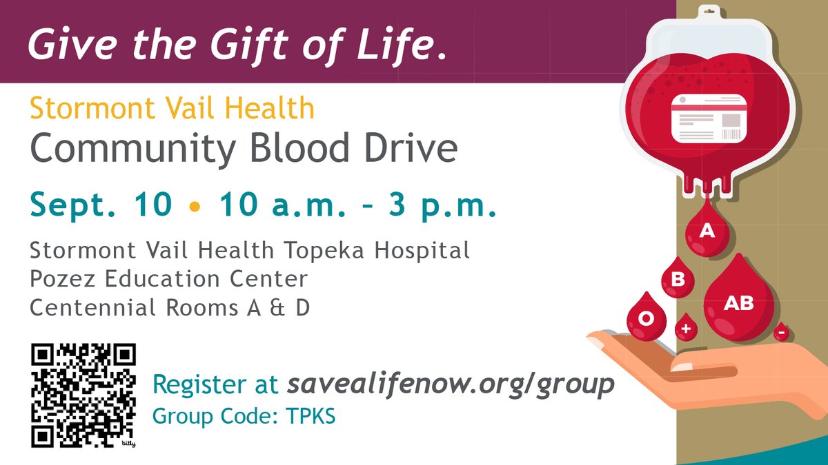 Stormont Vail Health (@stormontvail) on Twitter photo Enter to win 2 tickets to a Chiefs home game in October🩸Donate at our Community Blood Drive
Sept. 10 | 10 a.m. – 3 p.m.
Stormont Vail Hospital Centennial Rooms A & D
Sign Up: ow.ly/Hjfn50WHyer
<a href="/CommBloodCtrKC/">CommunityBloodCenter</a> #GiveBlood #Topeka #StormontVailHealth Enter to win 2 tickets to a Chiefs home game in October🩸Donate at our Community Blood Drive
Sept. 10 | 10 a.m. – 3 p.m.
Stormont Vail Hospital Centennial Rooms A & D
Sign Up: ow.ly/Hjfn50WHyer
<a href="/CommBloodCtrKC/">CommunityBloodCenter</a> #GiveBlood #Topeka #StormontVailHealth