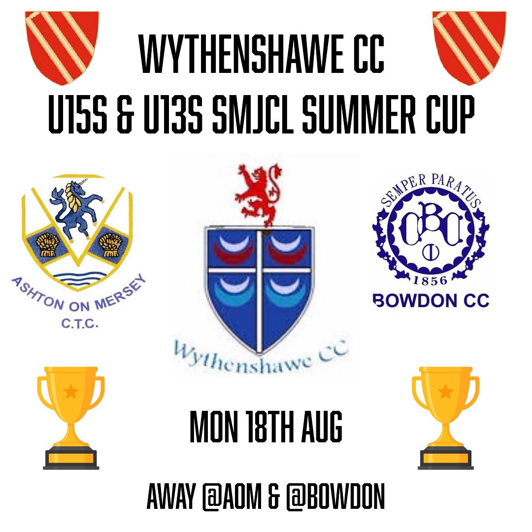 WythenshaweCC/Sports (@wythycc_sports) on Twitter photo More <a href="/smanjcl/">South Manchester Junior Cricket League</a> Summer Cup action tonight for both our U13s and U15s, away at <a href="/aomcc/">Ashton on Mersey CC</a> (U15s) & away at <a href="/BowdonCCJuniors/">Bowdon CC Juniors</a> (U13s) good luck to both teams ๐ค๐๐ More <a href="/smanjcl/">South Manchester Junior Cricket League</a> Summer Cup action tonight for both our U13s and U15s, away at <a href="/aomcc/">Ashton on Mersey CC</a> (U15s) & away at <a href="/BowdonCCJuniors/">Bowdon CC Juniors</a> (U13s) good luck to both teams ๐ค๐๐