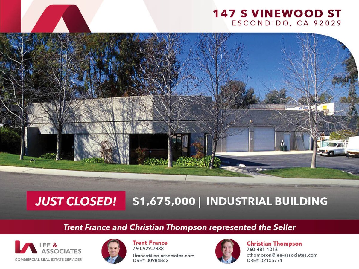 Congratulations Trent France and Christian Thompson on successfully closing another transaction in Escondido, representing the seller! Aidan James, Shayan Bahri (Inland Pacific) and Chris Nelson (Mathews Commercial) represented the buyer.

 #LeeNSDC #LeeAssociatesNorthSD