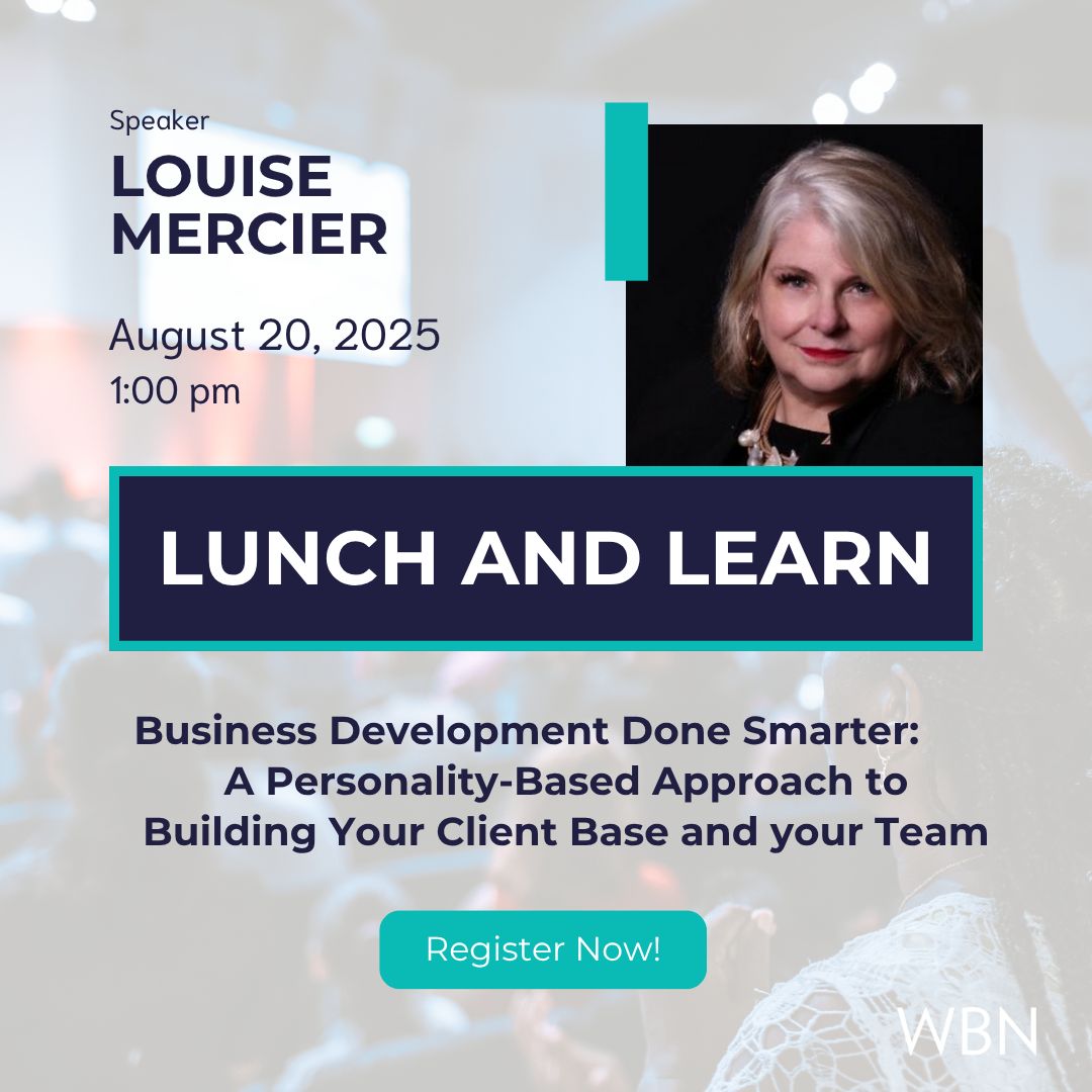Last chance to register for our August Lunch &amp; Learn with Louise Mercier!

📅 August 20
🕛 12:00 PM
📍 Zoom

🔗 Register now: wbn.wildapricot.org/event-6122563

#WBNinspired #LunchandLearn