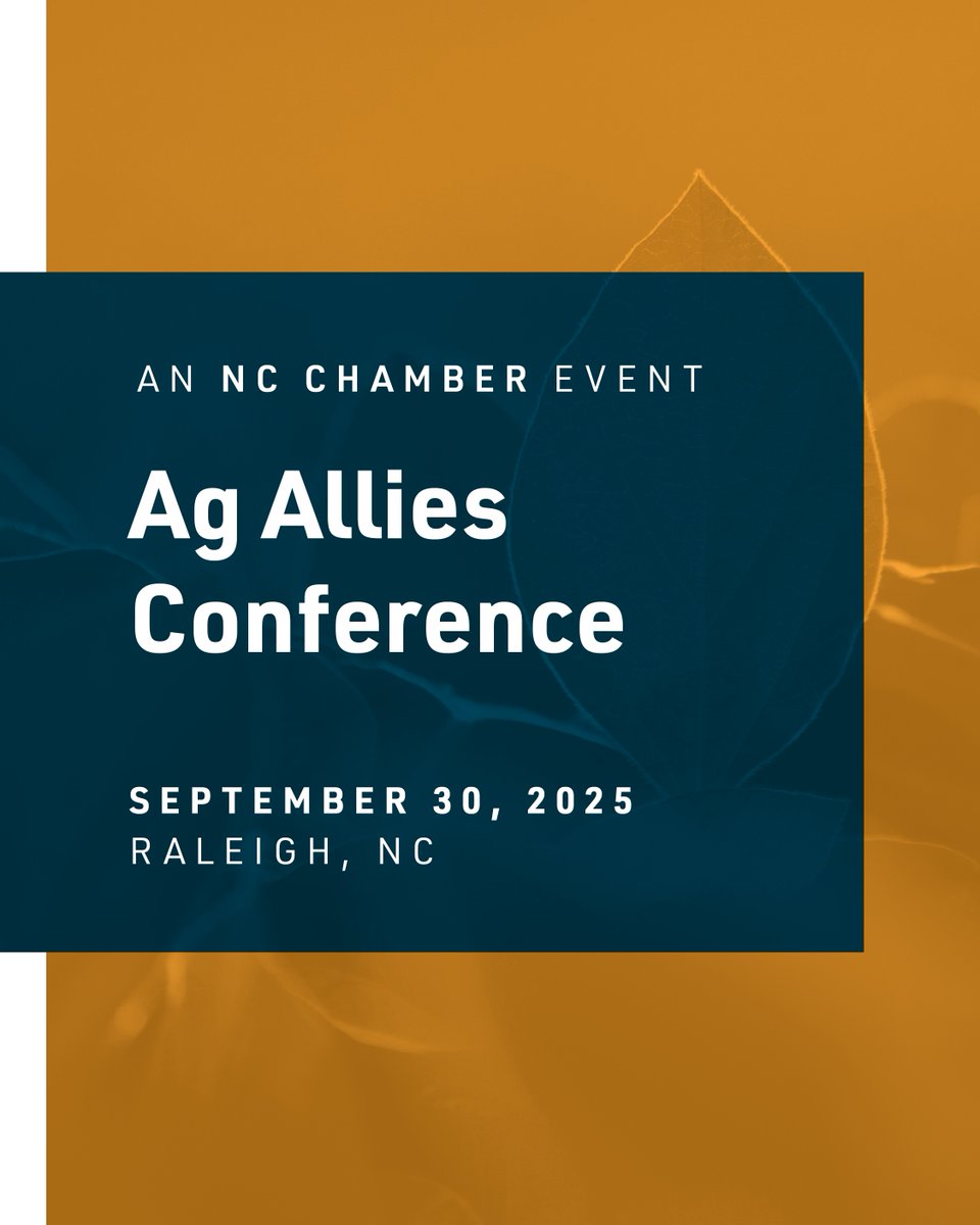 Early bird registration is OPEN! 🚨
 
Join us Sept. 30 in Raleigh for the NC Chamber Ag Allies Conference, presented by <a href="/BASFAgro/">BASF Agricultural Solutions</a>. 
 
Connect with leaders shaping NC’s $111 billion ag economy and explore the future of our state’s top industry. #NCAgribusiness
 
Register >
