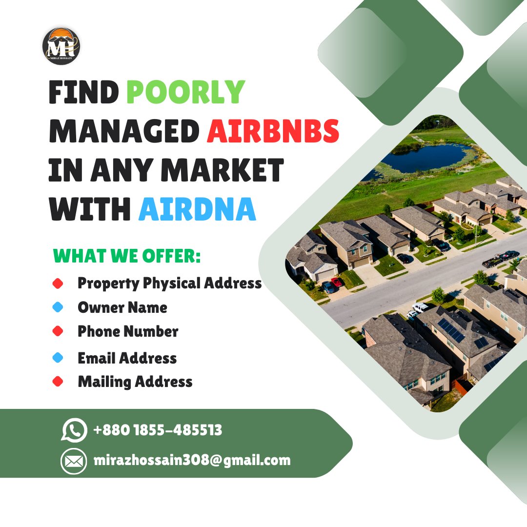ByMiraz's tweet photo. ✅ I help investors &amp; hosts find underperforming Airbnbs in any market.
👉 𝐃𝐌 𝐦𝐞 
📞 Contact: +880 1855-485513
📧 Email: Mirazhossain308@gmail.com

#AirbnbBusiness #ShortTermRental #AirbnbLeads #RealEstateInvesting #AirDNA #SkipTracing  #STRHosts #Mirazhossain #skiptracemiraz https://t.co/Q4GkcJEIAv