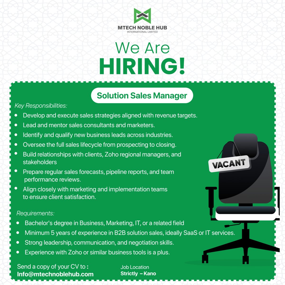 MtechNoble's tweet image. We’re hiring a Solution Sales Manager in Kano!
Lead sales strategy, manage B2B pipelines, and drive growth across industries.

Apply now: info@mtechnoblehub.com

#WeAreHiring #SalesManager #B2B #KanoJobs