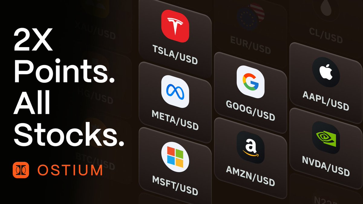 2x points on all stock trades on Ostium.

Aug 18 (9.30AM ET/1.30PM UTC) → Aug 22 (4PM ET/8PM UTC)