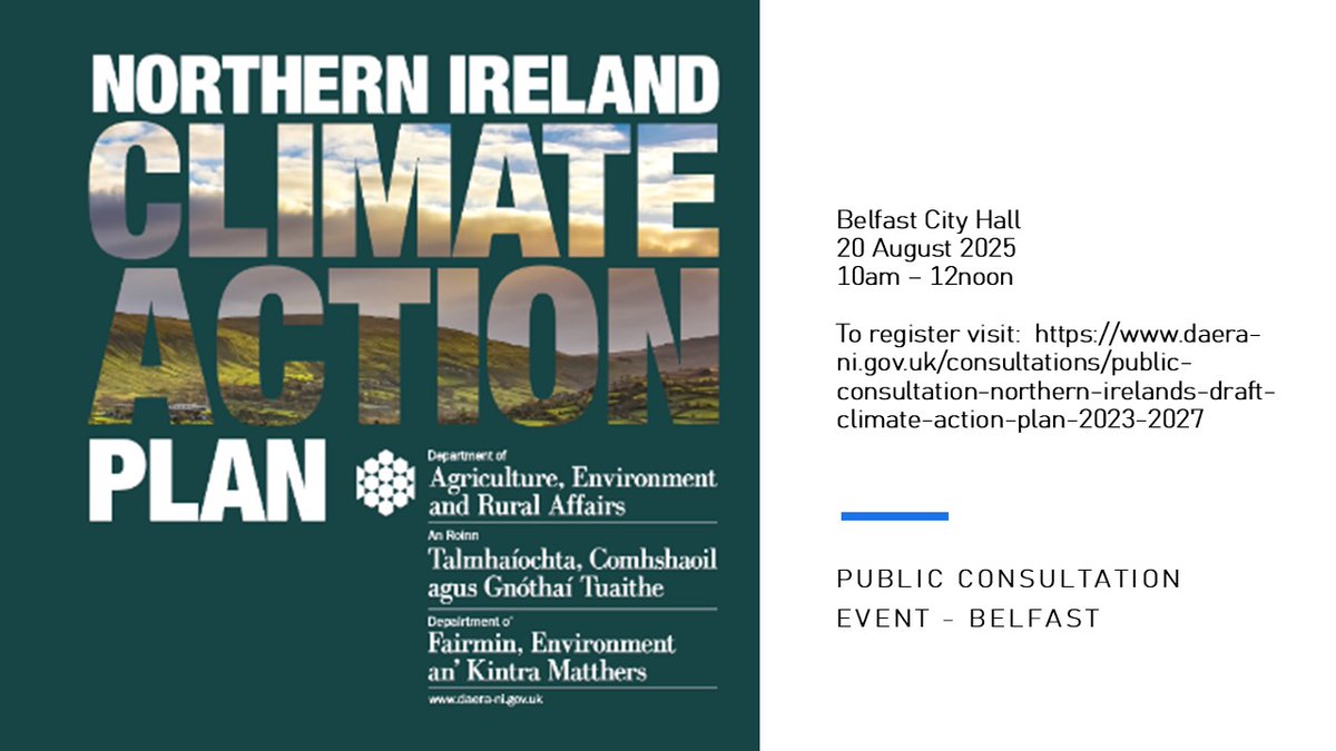 DAERA (@daera_ni) on Twitter photo 🗣️The first public consultation event for the draft NI Climate Action Plan gets underway in Belfast this Wed 20 Aug
🗓️Next week, Cookstown on 27 Aug
📌Register for an event & info on all dates at: daera-ni.gov.uk/consultations/… #ClimateActionPlanNI <a href="/belfastcc/">Belfast City Council</a> <a href="/ClimateNI/">Climate Northern Ireland</a> <a href="/nidirect/">nidirect</a> <a href="/NIFHA/">NIFHA</a> 🗣️The first public consultation event for the draft NI Climate Action Plan gets underway in Belfast this Wed 20 Aug
🗓️Next week, Cookstown on 27 Aug
📌Register for an event & info on all dates at: daera-ni.gov.uk/consultations/… #ClimateActionPlanNI <a href="/belfastcc/">Belfast City Council</a> <a href="/ClimateNI/">Climate Northern Ireland</a> <a href="/nidirect/">nidirect</a> <a href="/NIFHA/">NIFHA</a>