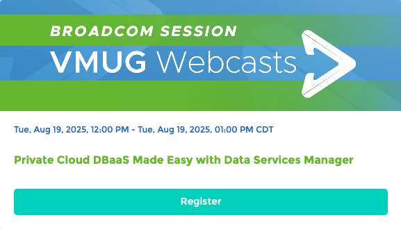 VMwareCommunity's tweet photo. See how Data Services Manager streamlines database ops, accelerates dev, and reduces overhead—with automated provisioning and policy-driven management.

Join this #VMUG Webcast TU, Aug. 19, 12 PM CDT to see real-world examples and move faster, smarter.

https://t.co/RLxOLcAu9w https://t.co/HbiDCSJwIT