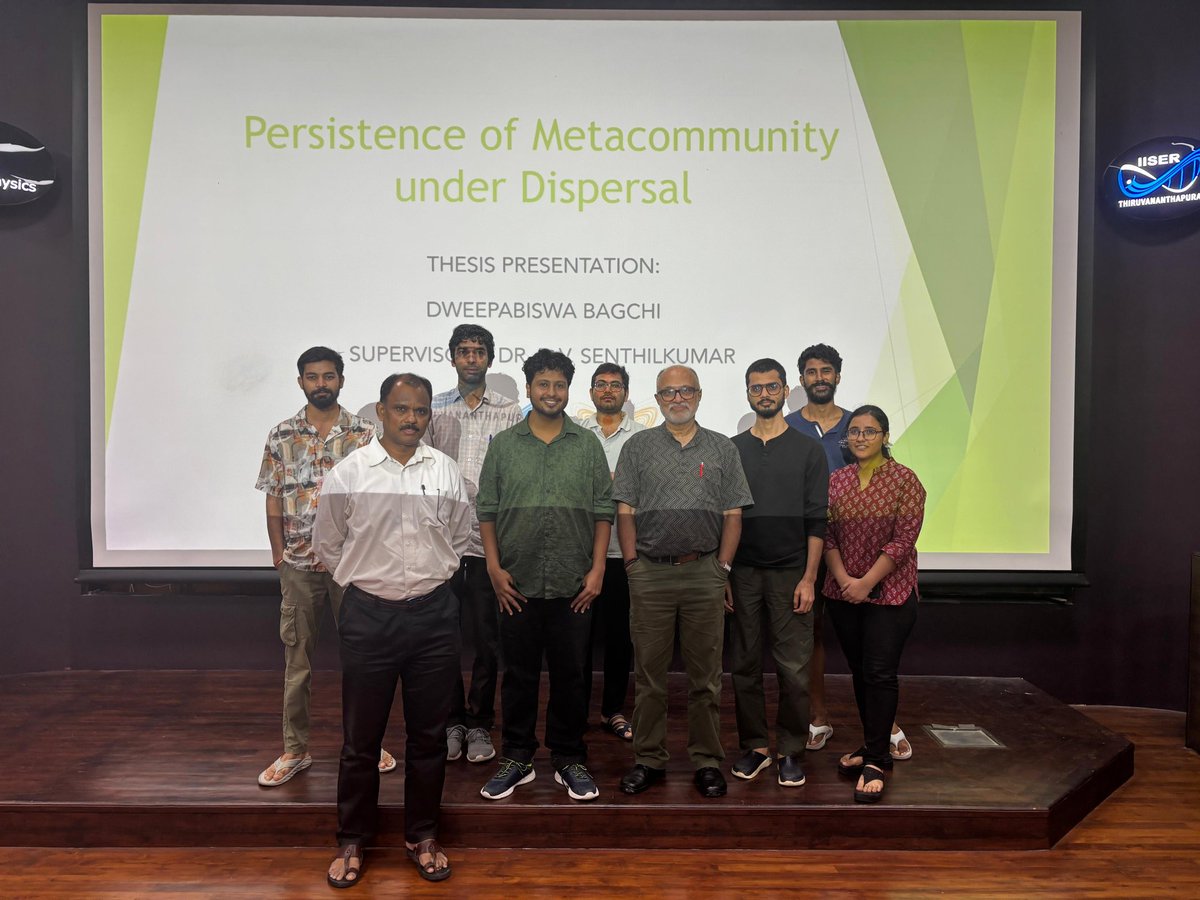 CSL_iisertvm's tweet photo. We’re thrilled to share that Dr. Dweepabiswa Bagchi has successfully defended his thesis “Persistence of Metacommunity under Dispersal”  and he’s been accepted into a postdoc position with Prof. Ulrike Feudel at Carl von Ossietzky Universität Oldenburg, Germany. Best wishes! ✨ https://t.co/DQ75ChcAGz