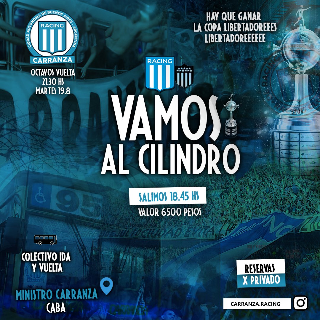 Vamos al Cilindro
🚍 Micro ida y vuelta
🕖 Salida 19hs Puntual
📍 Desde estación Carranza (CABA)
💲6500

Reserva por privado, lugares limitados.
#TodosJuntos #RacingClub

#Racing - peñarol