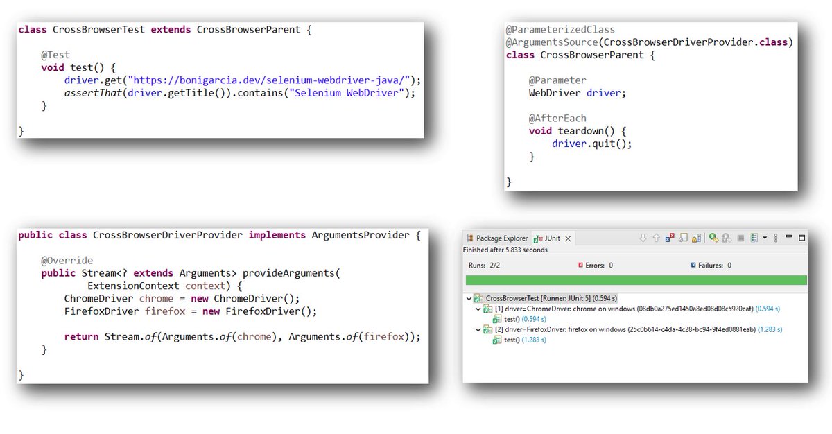 boni_gg's tweet image. #JUnit 5.13 shipped a long-awaited feature, @ParameterizedClass, which allows us to run all tests in a class with different arguments. It can be used to create clean cross-browser tests for #Selenium in #Java as follows: