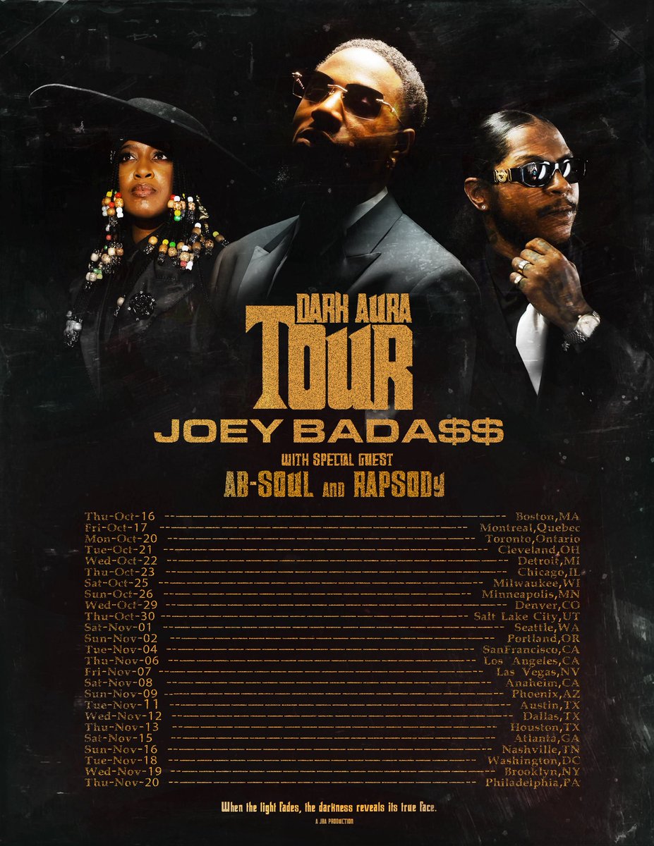 joeyBADASS's tweet image. THE DARK AURA TOUR w/ @abdashsoul &amp;amp; @rapsody | THIS FALL COMING TO A CITY NEAR YOU | joeybadass.com/shows/