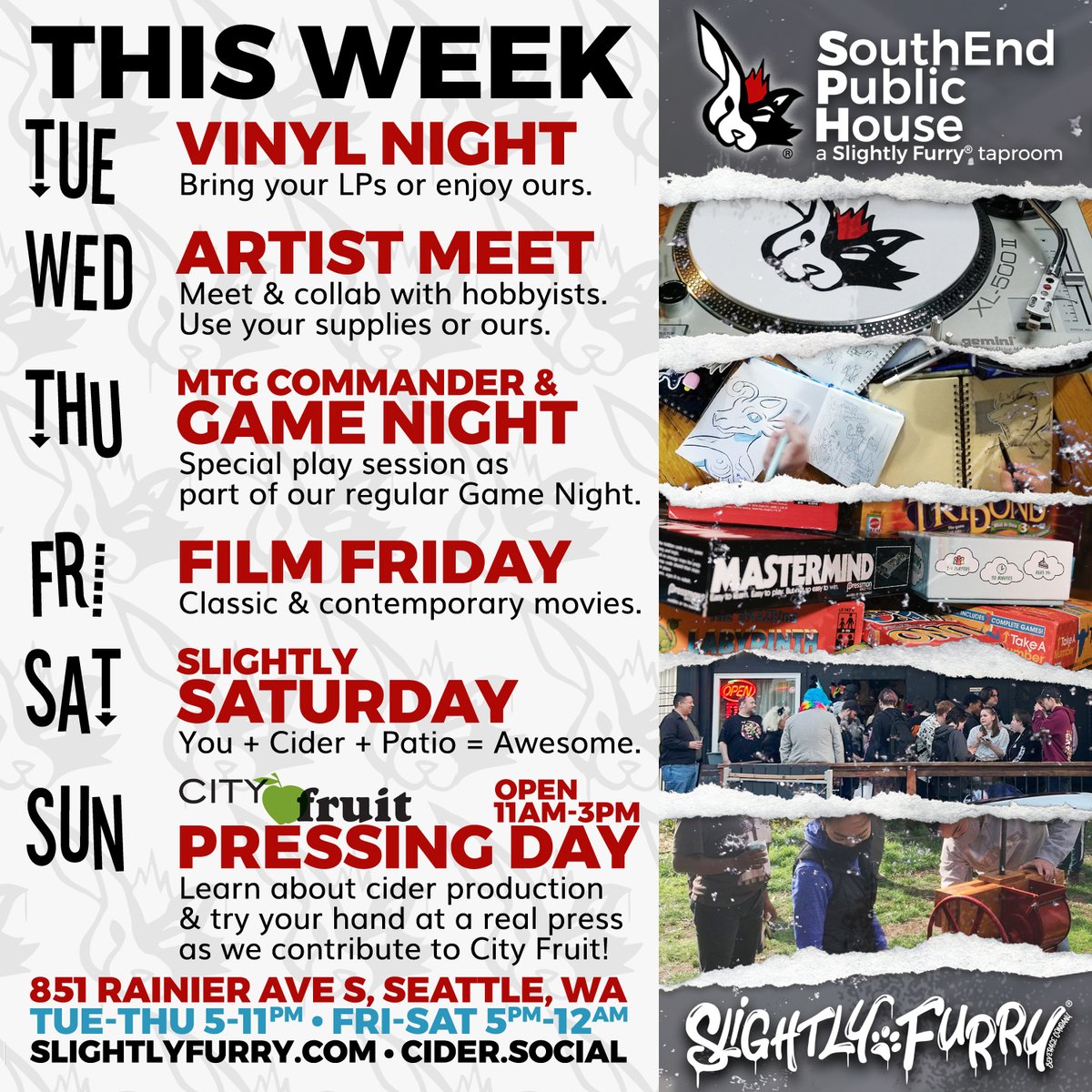 slightlyfurry's tweet image. Big Week, comin' straight atcha!
We've got a special Sunday coming up. From 11a-3p, learn cider production from us &amp;amp; try your hand at an apple press as we contribute to @cityfruit! Taproom will be open during this event.
#SouthEndPublicHouse #dailyevents #cider #Seattle