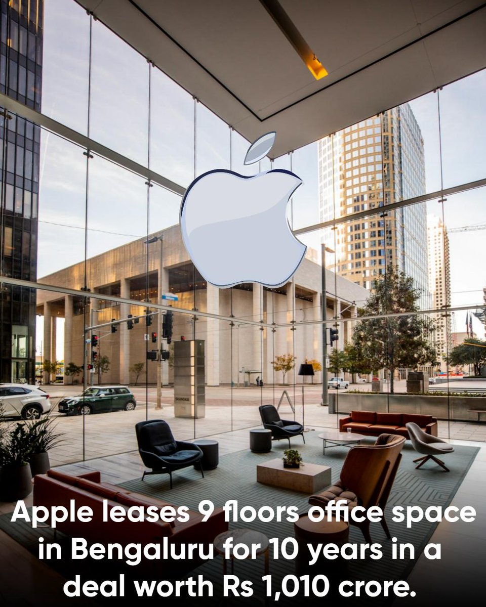 Apple India leases 9 floors office space in Bengaluru in a deal worth Rs 1,010 crore. Monthly rent of 6.31crs at Embassy Zenith, Bengaluru.
