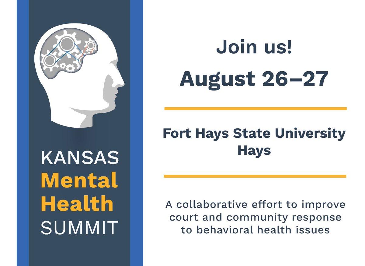 KSCourts (@kscourts) on Twitter photo The second Kansas Mental Health Summit is scheduled for August 26 and 27 at <a href="/FortHaysState/">Fort Hays State University</a>. It supports a national initiative to improve court and community response to mental health issues that bring people to court.
More: buff.ly/uoPHqNX
#KSCourts <a href="/StateCourts/">National Center for State Courts</a> The second Kansas Mental Health Summit is scheduled for August 26 and 27 at <a href="/FortHaysState/">Fort Hays State University</a>. It supports a national initiative to improve court and community response to mental health issues that bring people to court.
More: buff.ly/uoPHqNX
#KSCourts <a href="/StateCourts/">National Center for State Courts</a>