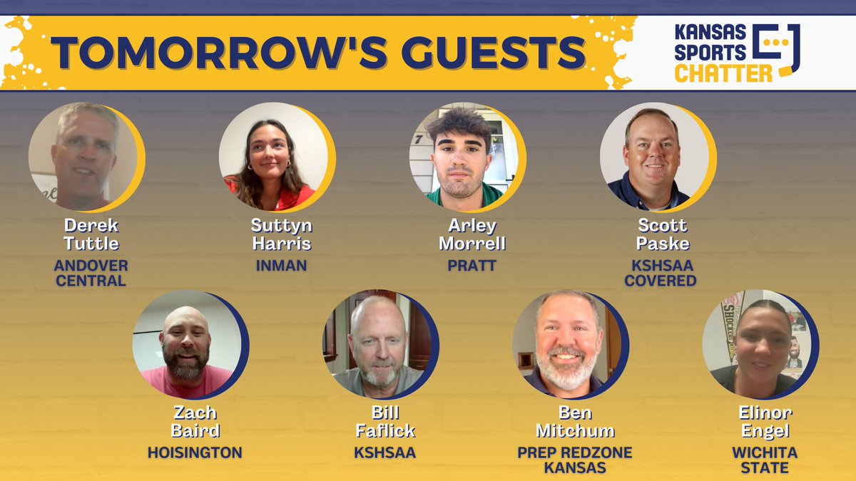 Kansas Sports Chatter (@ksportschatter) on Twitter photo On tomorrow's show...
Derek Tuttle - <a href="/ACJaguarFB/">AC Jaguar Football</a>
<a href="/HarrisSuttyn/">Suttyn Harris</a> - Inman 🏐
<a href="/ArleyMorrell/">Arley Morrell</a> - Pratt 🏈
<a href="/PaskeKSHSAA/">Scott Paske</a> - KSHSAA Covered
Zach Baird - Hoisington 🏈 <a href="/HoisHSFootball/">Cardinal Football</a>
Bill Faflick - <a href="/KSHSAA/">KSHSAA</a> Director
<a href="/Coach_Mitchum/">Ben Mitchum</a> - Prep Redzone Kansas
Elinor Engel - WSU 🏐 <a href="/GoShockersVB/">Wichita State Volleyball</a> On tomorrow's show...
Derek Tuttle - <a href="/ACJaguarFB/">AC Jaguar Football</a>
<a href="/HarrisSuttyn/">Suttyn Harris</a> - Inman 🏐
<a href="/ArleyMorrell/">Arley Morrell</a> - Pratt 🏈
<a href="/PaskeKSHSAA/">Scott Paske</a> - KSHSAA Covered
Zach Baird - Hoisington 🏈 <a href="/HoisHSFootball/">Cardinal Football</a>
Bill Faflick - <a href="/KSHSAA/">KSHSAA</a> Director
<a href="/Coach_Mitchum/">Ben Mitchum</a> - Prep Redzone Kansas
Elinor Engel - WSU 🏐 <a href="/GoShockersVB/">Wichita State Volleyball</a>