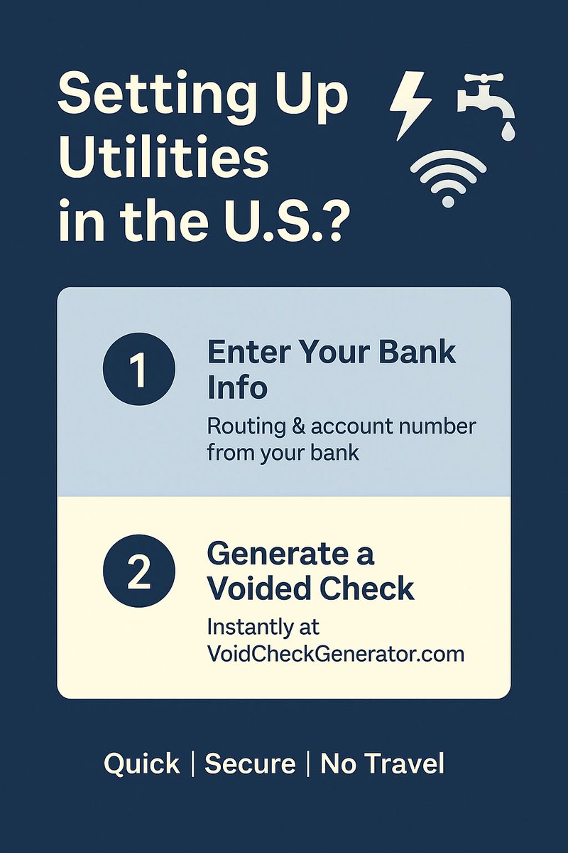 Setting up utilities in the U.S.? ⚡💧📶
Providers often ask for a voided check to enable auto-pay.

Save the trip, save the wait, create one instantly at VoidCheckGenerator.com for $4.99.

#USA #Utilities #FinTech #BuildInPublic #StartupLife #voidcheck