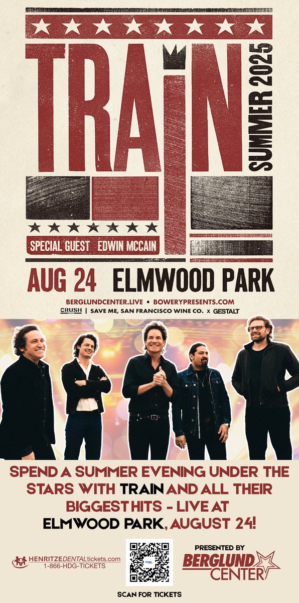 🚂🎶 COUNTDOWN TO TRAIN + EDWIN MCCAIN 🎶🚂

Only 4 days until Elmwood Park comes alive with the music of Train and special guest Edwin McCain this Sunday, August 24, 2025! 🎤✨

🎟 bit.ly/HenritzeDental…