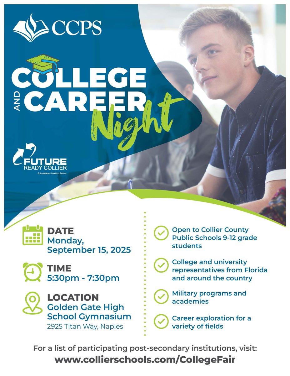 collierschools's tweet photo. Attention High School Students! Our College and Career Night is next Monday, September 15. Representatives from many post-secondary institutions will be on site to answer your questions. Visit https://t.co/q3rvYNhxXo for more info. #CCPSFamily #CCPSSuccess https://t.co/BmA2niTl2R