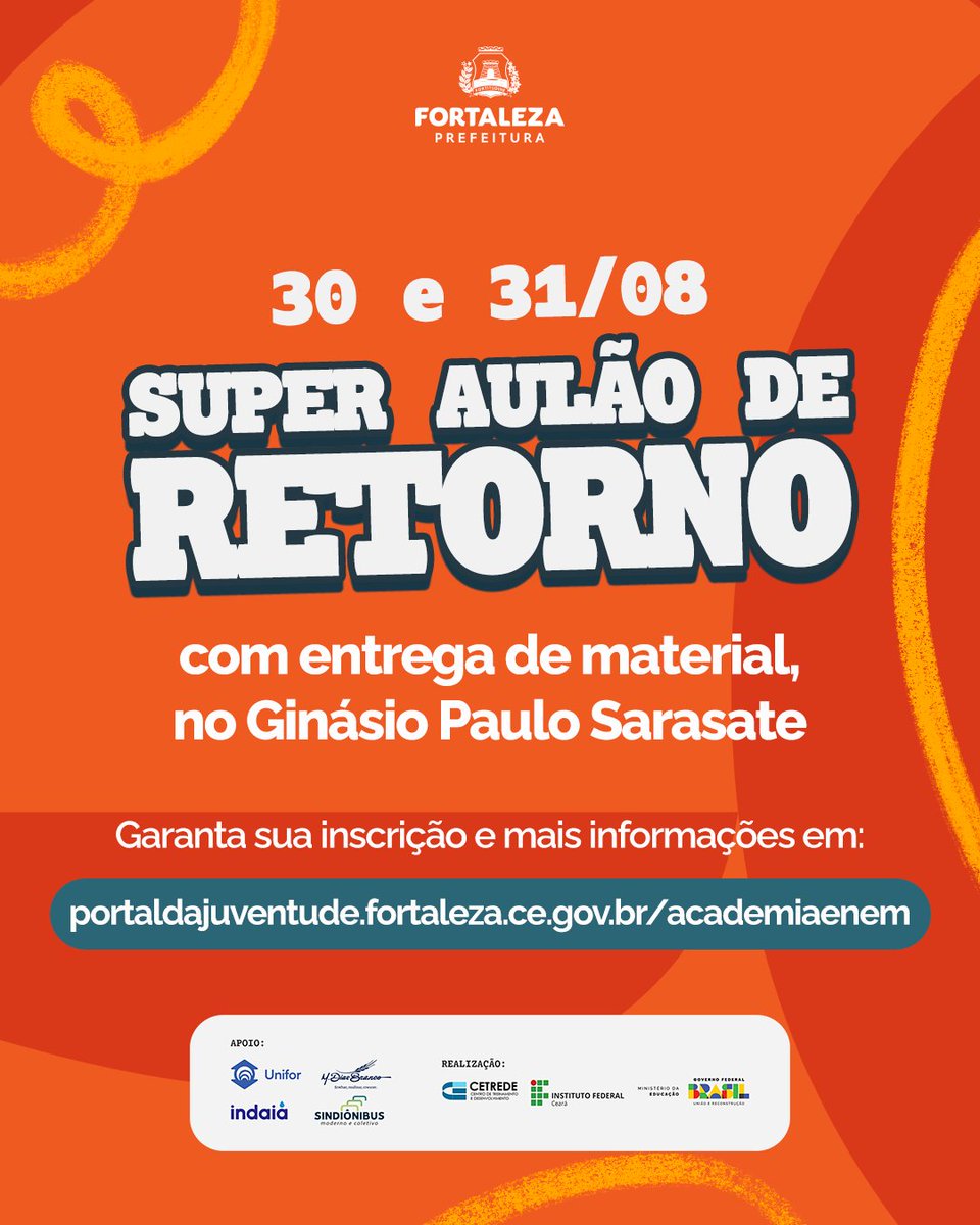 Prefeitura de Fortaleza (@prefeiturapmf) on Twitter photo 🎓✨ O Academia Enem 2025 já está com inscrições abertas até 25 de agosto!
As aulas acontecerão de 30/08 a 15/11 nos Ginásios Paulo Sarasate e Parangaba, já com entrega do material nos dias 30 e 31/08.
🔗 Inscreva-se: portaldajuventude.fortaleza.ce.gov.br/academiaenem
#PrefeituraDeFortaleza #AcademiaEnem 🎓✨ O Academia Enem 2025 já está com inscrições abertas até 25 de agosto!
As aulas acontecerão de 30/08 a 15/11 nos Ginásios Paulo Sarasate e Parangaba, já com entrega do material nos dias 30 e 31/08.
🔗 Inscreva-se: portaldajuventude.fortaleza.ce.gov.br/academiaenem
#PrefeituraDeFortaleza #AcademiaEnem