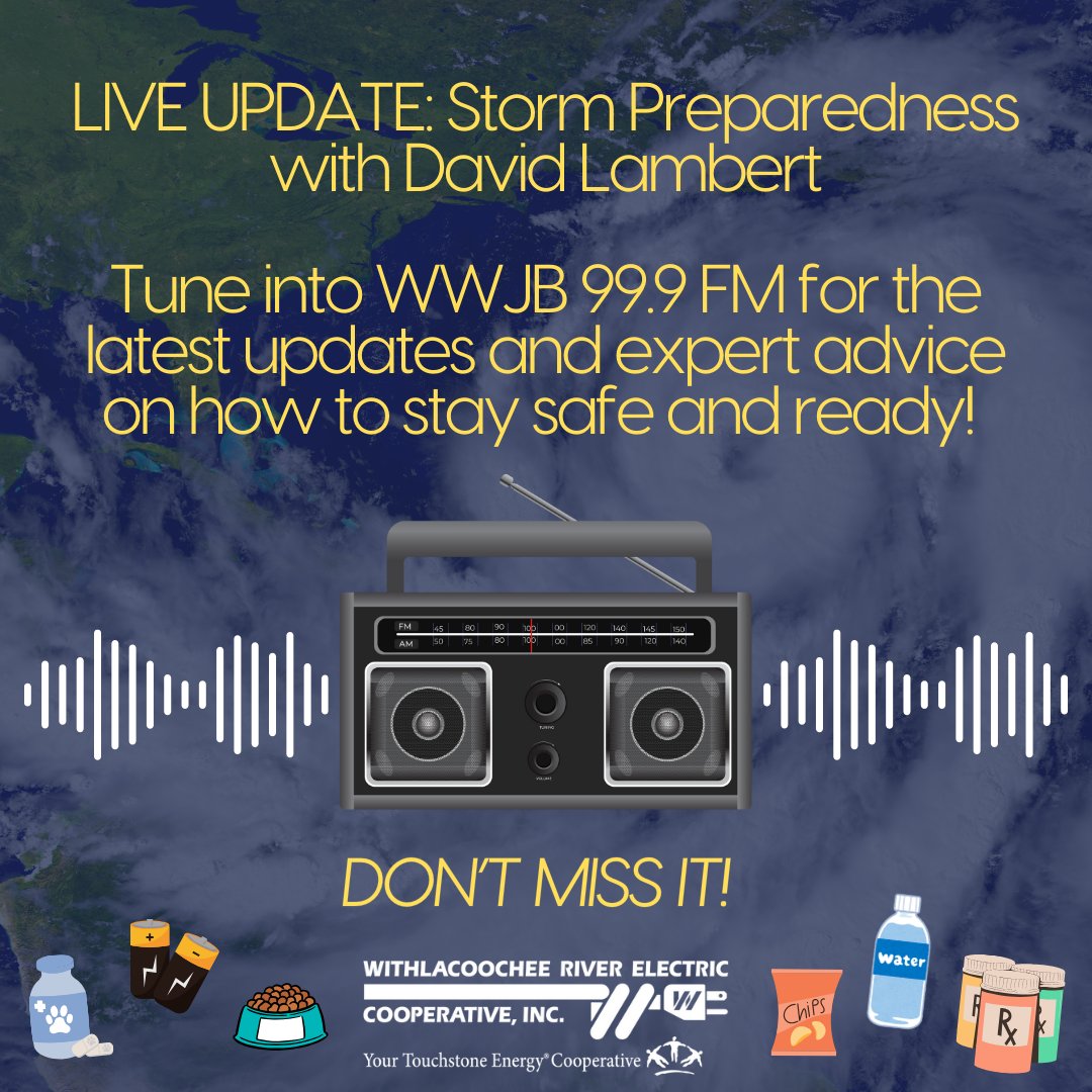 LIVE UPDATE: Storm Preparedness with WREC General Manager, David Lambert 📻

Tune in to WWJB 99.9 FM today at 7:15 AM for the latest on storm readiness and safety tips.

Stay informed, stay safe, and be prepared! #wreccoop #HurricanePreparedness