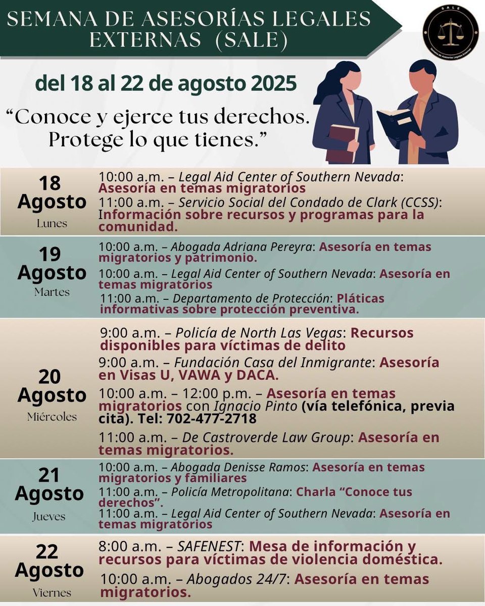 Consulmex Las Vegas (@consulmexlvn) on Twitter photo Comienza la 7ª Semana de Asesorías Legales Externas. Abogado de <a href="/LegalAidSNV/">Legal Aid Center</a>, ofrece hoy asesorías sobre migración y cómo actuar en caso de deportación. ¡Visita el consulado 🇲🇽, consulta nuestro calendario! #ConoceyEjerceTusDerechos #AsesoríasLegales
<a href="/SRE_mx/">Relaciones Exteriores</a> <a href="/vcalva/">Vanessa Calva Ruiz (she/ella)</a> Comienza la 7ª Semana de Asesorías Legales Externas. Abogado de <a href="/LegalAidSNV/">Legal Aid Center</a>, ofrece hoy asesorías sobre migración y cómo actuar en caso de deportación. ¡Visita el consulado 🇲🇽, consulta nuestro calendario! #ConoceyEjerceTusDerechos #AsesoríasLegales
<a href="/SRE_mx/">Relaciones Exteriores</a> <a href="/vcalva/">Vanessa Calva Ruiz (she/ella)</a>