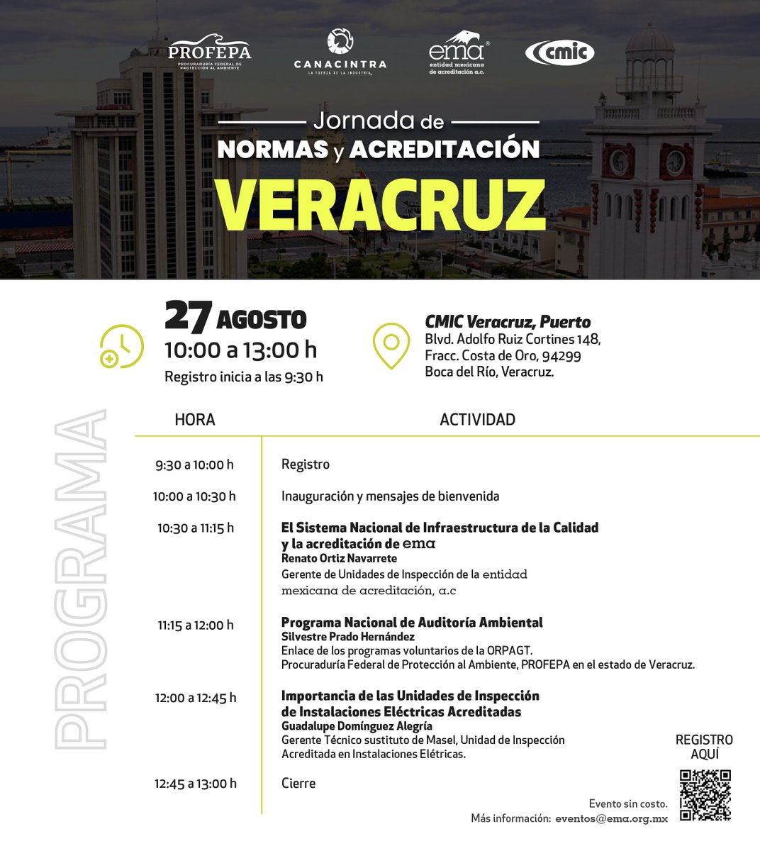 📍 ¡Veracruz se une a la calidad y la colaboración!
Te esperamos en la Jornada de Normas y Acreditación, un espacio gratuito donde autoridades, organismos y empresas dialogan sobre normatividad, acreditación y desarrollo sostenible.
📍 CMIC Delegación Veracruz Puerto

🤝 En