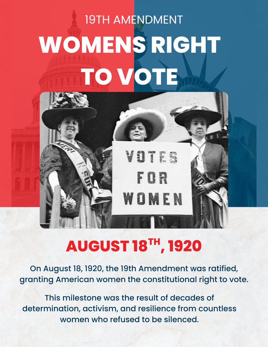 Today we celebrate 105 years since the ratification of the 19th Amendment. This milestone granted women across the United States the right to vote. The amendment was more than a law. It was a promise of equality, progress, and the power of every voice in shaping our democracy.