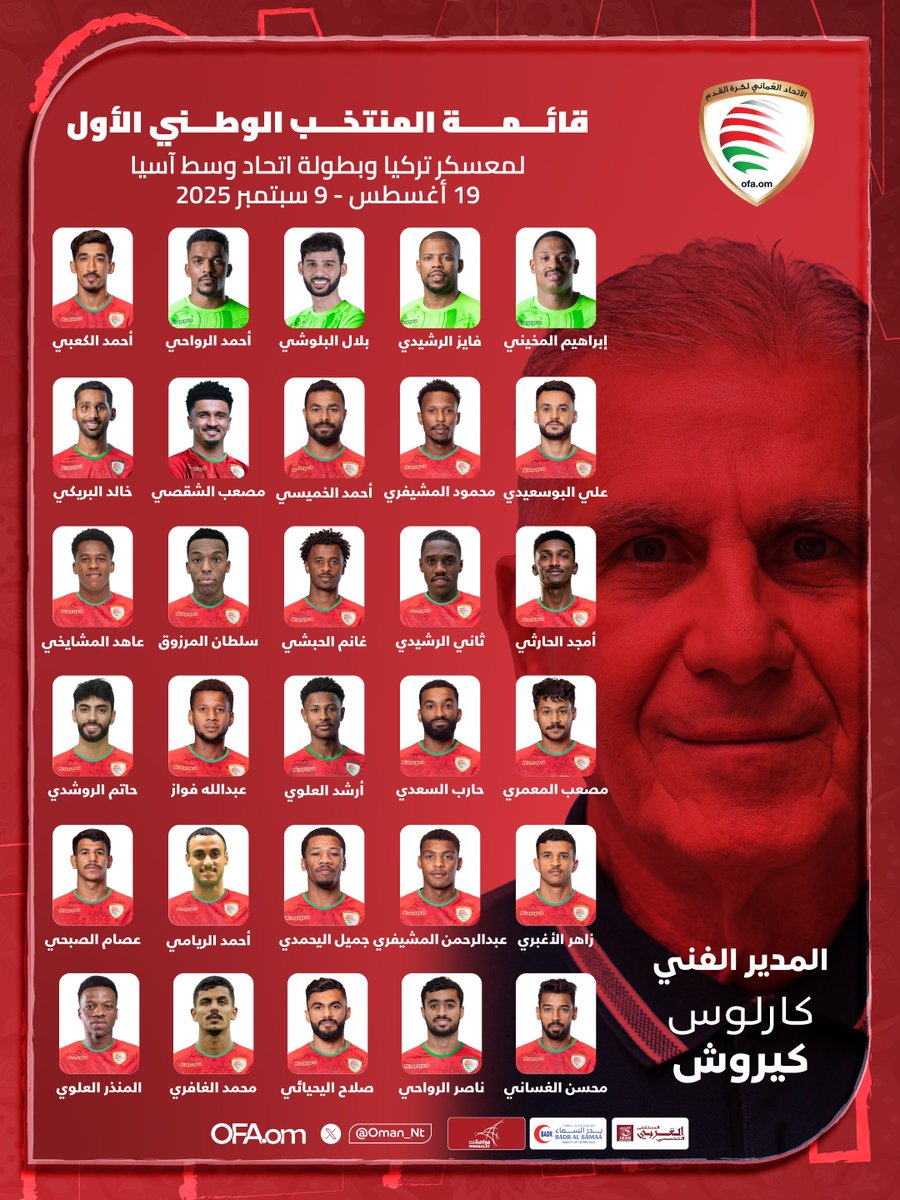 📋 قائمة المنتخب الوطني الأول لمعسكر تركيا وبطولة اتحاد وسط آسيا.