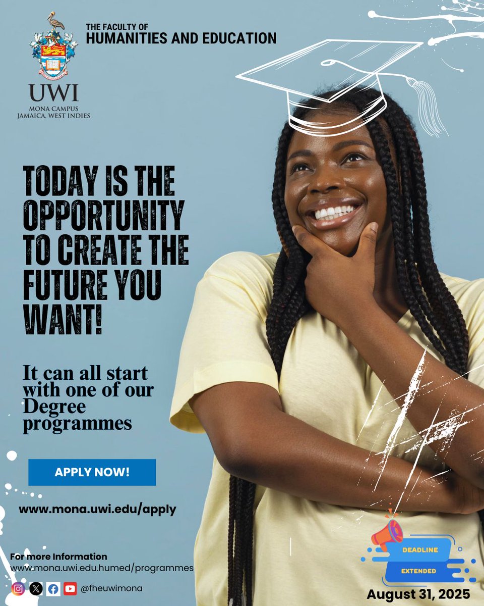 The application deadline has been extended to August 31, 2025. Seize this opportunity to chart a new course for your life! Let us help you do it.

Please visit our website at lnkd.in/eXKM2u3N to learn more about our programmes.

Apply now at mona.uwi.edu/apply