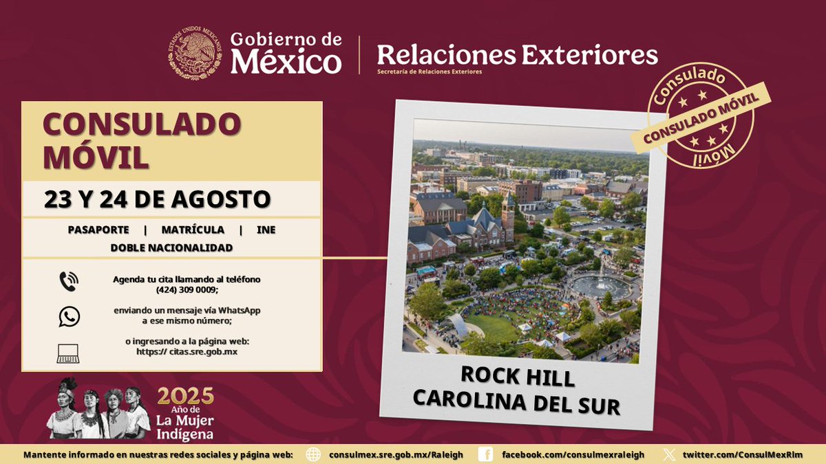 ¡Paisano! 🇲🇽

Rock Hill, Carolina del Sur, es la sede del Consulado Móvil de agosto, en donde estaremos el sábado 23 y domingo 24

Para pedir su cita llame al (424) 309-0009, envíe un mensaje vía WhatsApp a ese mismo número, o ingrese a la página citas.sre.gob.mx .